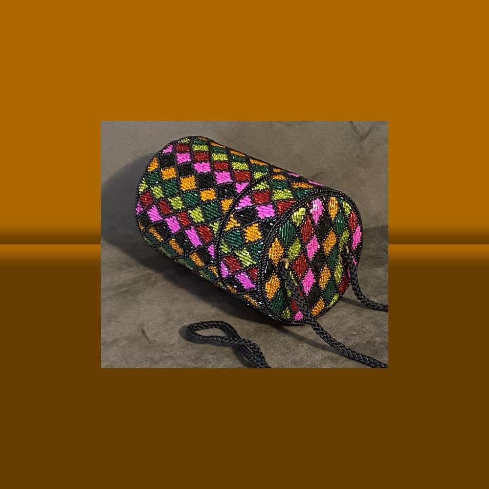 Retro Electric Glass Beaded Bob Mackie Cylinder Evening Bag